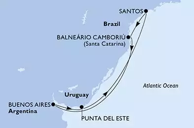 MSC PREZIOSA - útvonalterv 7 éjszaka indulás Santos Brazil kelt 22/02/2026 - Brazil,Argentina,Uruguay