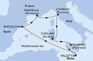 MSC SPLENDIDA - útvonalterv 7 éjszaka indulás Barcelone Espagne kelt 14/06/2026 - Spain,France,Italy,Malta