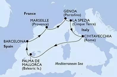 MSC WORLD EUROPA - útvonalterv 7 éjszaka indulás Génova (Portofino) Italia kelt 26/04/2027 - Genoa,La Spezia,Civitavecchia,Palma de Mallorca,Barcelona,Marseille,Genoa