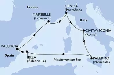 MSC MUSICA - útvonalterv 7 éjszaka indulás Génova (Portofino) Italia kelt 03/07/2027 - Genoa,Civitavecchia,Palermo,Ibiza,Valencia,Marseille,Genoa