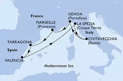 MSC ORCHESTRA  - útvonalterv 7 éjszaka indulás Valencia Spain kelt 09/10/2027 - Valencia,La Spezia,Civitavecchia,Genoa,Marseille,Tarragona,Valencia