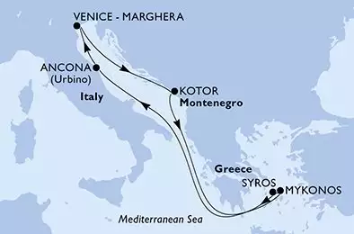 MSC LIRICA - útvonalterv 7 éjszaka indulás Venice - Marghera Italy kelt 01/05/2027 - Venice-Marghera,Kotor,Mykonos,Syros,Ancona,Venice-Marghera