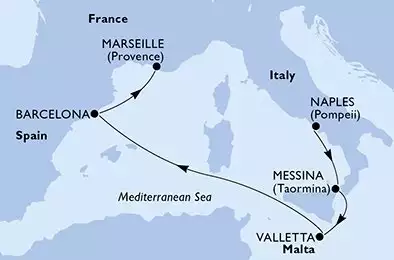 MSC WORLD EUROPA - útvonalterv 5 éjszaka indulás Naples (Pompeii) Italy kelt 22/09/2025 - Naples,Messina,Valletta,Barcelona,Marseille