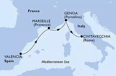 MSC GRANDIOSA - útvonalterv 3 éjszaka indulás Valencia Spain kelt 25/09/2025 - Valencia,Marseille,Genoa,Civitavecchia