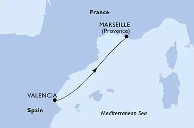 MSC GRANDIOSA - útvonalterv 1 éjszaka indulás Valencia Spain kelt 25/09/2025 - Valencia,Marseille