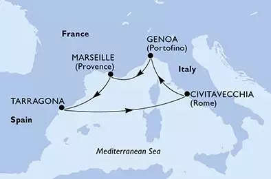 MSC MAGNIFICA - útvonalterv 5 éjszaka indulás Génova (Portofino) Italia kelt 29/10/2026 - Genoa,Marseille,Tarragona,Civitavecchia,Genoa