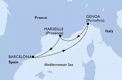 MSC MAGNIFICA - útvonalterv 4 éjszaka indulás Marsella (Provenza) Francia kelt 18/10/2026 - Marseille,Barcelona,Genoa,Marseille