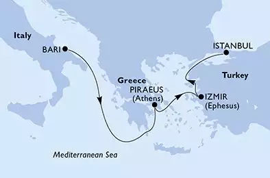 MSC LIRICA - útvonalterv 4 éjszaka indulás Bari Italy kelt 08/11/2025 - Bari,Piraeus,Izmir,Istanbul