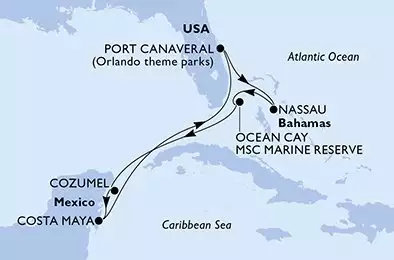 MSC GRANDIOSA - útvonalterv 7 éjszaka indulás PortCanaveral United States kelt 26/06/2027 - Port Canaveral,Nassau,Ocean Cay,Cozumel,Costa Maya,Port Canaveral