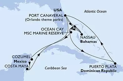 MSC GRANDIOSA - útvonalterv 14 éjszaka indulás PortCanaveral United States kelt 07/08/2027 - Port Canaveral,Nassau,Ocean Cay,Cozumel,Costa Maya,Port Canaveral,Nassau,Ocean Cay,Puerto Plata,Port Canaveral