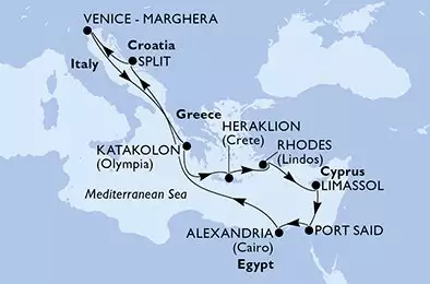 MSC LIRICA - útvonalterv 11 éjszaka indulás Venice - Marghera Italy kelt 04/11/2026 - Italy,Greece,Cyprus,Egypt,Croatia