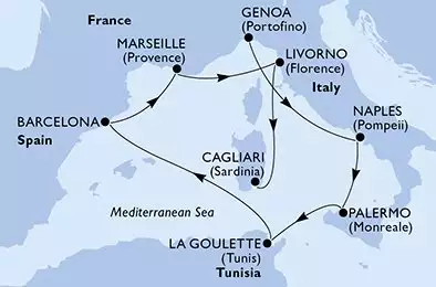 MSC SPLENDIDA - útvonalterv 8 éjszaka indulás Génova (Portofino) Italia kelt 20/04/2026 - Genoa,Naples,Palermo,La Goulette,Barcelona,Marseille,Livorno,Cagliari