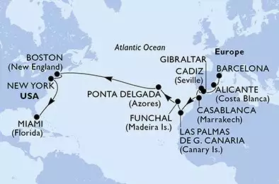 MSC MERAVIGLIA - útvonalterv 22 éjszaka indulás Barcelona Spanien kelt 20/10/2026 - Spain,Gibraltar,Morocco,Portugal,United States