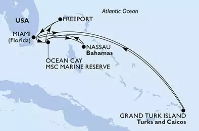 MSC MERAVIGLIA - útvonalterv 10 éjszaka indulás Miami United States kelt 11/11/2026 - Miami,Ocean Cay,Freeport,Miami,Grand Turk Island,Ocean Cay,Nassau,Miami