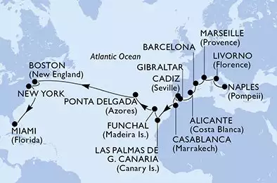 MSC MERAVIGLIA - útvonalterv 25 éjszaka indulás Naples (Pompeii) Italy kelt 17/10/2026 - Naples,Livorno,Marseille,Barcelona,Alicante,Gibraltar,Cadiz,Casablanca,Las Palmas de G.Canaria,Funchal,Ponta Delgada,Ponta Delgada,Boston,Boston,New York,Miami
