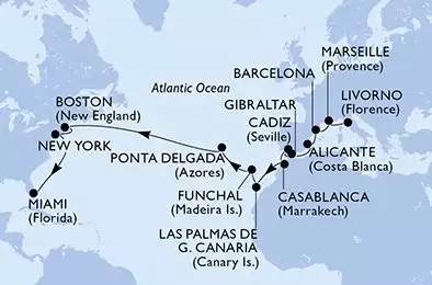 MSC MERAVIGLIA - útvonalterv 24 éjszaka indulás Livorno (Florencia) Italia kelt 18/10/2026 - Livorno,Marseille,Barcelona,Alicante,Gibraltar,Cadiz,Casablanca,Las Palmas de G.Canaria,Funchal,Ponta Delgada,Ponta Delgada,Boston,Boston,New York,Miami