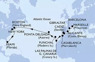 MSC MERAVIGLIA - útvonalterv 23 éjszaka indulás Marsella (Provenza) Francia kelt 19/10/2026 - Marseille,Barcelona,Alicante,Gibraltar,Cadiz,Casablanca,Las Palmas de G.Canaria,Funchal,Ponta Delgada,Ponta Delgada,Boston,Boston,New York,Miami