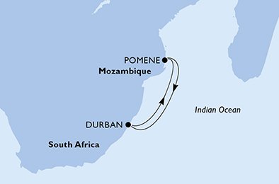 MSC ARMONIA - útvonalterv 4 éjszaka indulás Durban South Africa kelt 07/12/2026 - Durban,Pomene,Durban