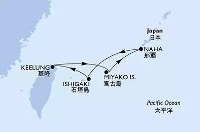 MSC BELLISSIMA - útvonalterv 4 éjszaka indulás Keelung (Taipei) Taiwan (China) kelt 16/12/2026 - Keelung,Miyako Is.,Naha,Ishigaki,Keelung