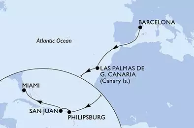 MSC GRANDIOSA - útvonalterv 14 éjszaka indulás Barcelone Espagne kelt 21/11/2025 - Spain,Netherlands Antilles,Puerto Rico,United States