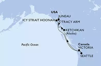 MSC POESIA - útvonalterv 7 éjszaka indulás Seattle Washington kelt 03/05/2027 - Seattle,Ketchikan,Icy Strait Hoonah,Tracy Arm,Juneau,Victoria,Seattle