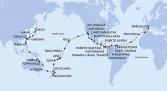 Barcelona,Funchal,Bridgetown,Saint George,Willemstad,Cartagena,Puerto Limon,CTB-Panama Canal,BLB-Panam Canal,Puntarenas,Puerto Quetzal,Puerto Vallarta,Cabo San Lucas,San Diego,Los Angeles,Los Angeles,Hilo,Pago Pago,Apia,Suva,Auckland,Auckland,Wellington,Sydney,Sydney,Townsville,Cairns,Manila,Manila,Keelung,Ishigaki,Naha,Tokyo