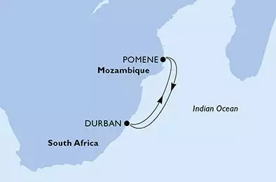 MSC ARMONIA - útvonalterv 4 éjszaka indulás Durban South Africa kelt 30/11/2026 - South Africa,Mozambique