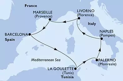 MSC VIRTUOSA - útvonalterv 7 éjszaka indulás Barcelona Spania kelt 25/05/2027 - Barcelona,La Goulette,Palermo,Naples,Livorno,Marseille,Barcelona