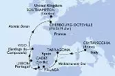 Civitavecchia,Tarragona,Malaga,Cadiz,Lisbon,Vigo,Cherbourg,Southampton