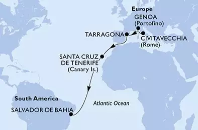 MSC DIVINA - útvonalterv 13 éjszaka indulás Civitavecchia (Rome) Italy kelt 30/10/2026 - Civitavecchia,Genoa,Tarragona,Santa Cruz de Tenerife,Salvador