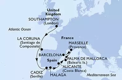 MSC VIRTUOSA - útvonalterv 9 éjszaka indulás Southampton United Kingdom kelt 07/11/2026 - Southampton,La Coruna,Cadiz,Malaga,Alicante,Palma de Mallorca,Marseille,Barcelona