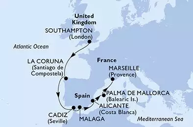 MSC VIRTUOSA - útvonalterv 8 éjszaka indulás Southampton United Kingdom kelt 07/11/2026 - Southampton,La Coruna,Cadiz,Malaga,Alicante,Palma de Mallorca,Marseille
