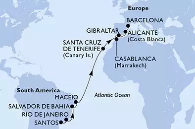 MSC DIVINA - útvonalterv 16 éjszaka indulás Santos Brazil kelt 14/03/2027 - Santos,Rio de Janeiro,Salvador,Maceio,Santa Cruz de Tenerife,Casablanca,Gibraltar,Alicante,Barcelona