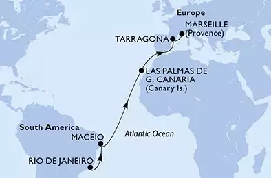 MSC MUSICA - útvonalterv 14 éjszaka indulás Rio de Janeiro Brazil kelt 02/04/2027 - Rio de Janeiro,Maceio,Las Palmas de G.Canaria,Tarragona,Marseille