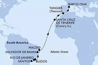 MSC VIRTUOSA - útvonalterv 17 éjszaka indulás Santos Brazil kelt 03/04/2027 - Santos,Rio de Janeiro,Buzios,Salvador,Maceio,Santa Cruz de Tenerife,Tangier,Barcelona