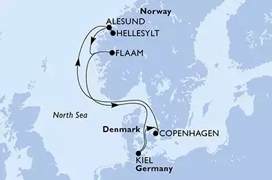 MSC EURIBIA - útvonalterv 7 éjszaka indulás Kiel Germany kelt 08/05/2027 - Kiel,Copenhagen,Hellesylt,Alesund,Flaam,Kiel