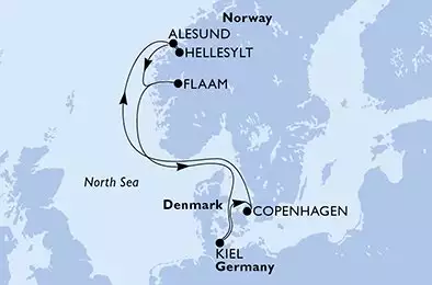 MSC EURIBIA - útvonalterv 7 éjszaka indulás Copenhagen Denmark kelt 09/05/2027 - Copenhagen,Hellesylt,Alesund,Flaam,Kiel,Copenhagen