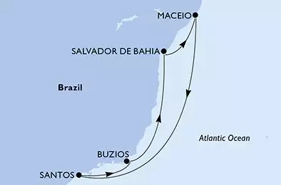 MSC VIRTUOSA - útvonalterv 7 éjszaka indulás Maceio Brazil kelt 17/02/2027 - Maceio,Santos,Buzios,Salvador,Maceio