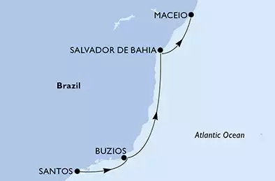 MSC VIRTUOSA - útvonalterv 4 éjszaka indulás Santos Brazil kelt 02/01/2027 - Santos,Buzios,Salvador,Maceio
