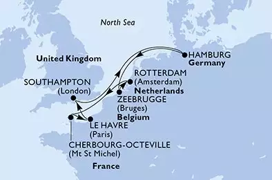MSC PREZIOSA - útvonalterv 8 éjszaka indulás Rotterdam Netherlands kelt 20/10/2026 - Netherlands,France,United Kingdom,Germany,Belgium