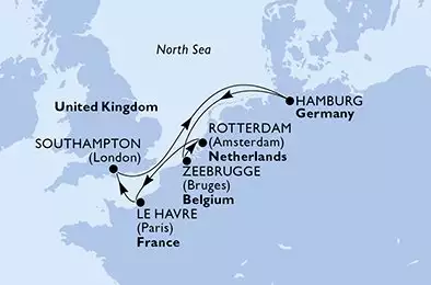 MSC PREZIOSA - útvonalterv 7 éjszaka indulás Southampton United Kingdom kelt 23/10/2026 - United Kingdom,Germany,Belgium,Netherlands,France