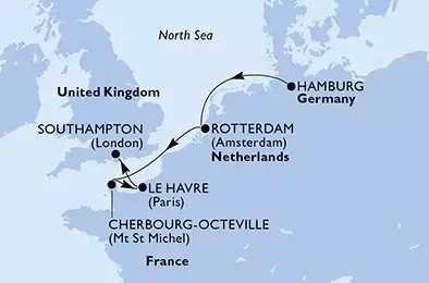 MSC PREZIOSA - útvonalterv 5 éjszaka indulás Hamburg Germany kelt 18/10/2026 - Germany,Netherlands,France,United Kingdom