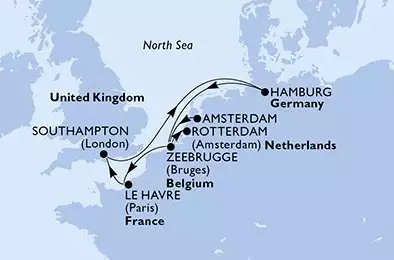 MSC PREZIOSA - útvonalterv 8 éjszaka indulás Amsterdam Netherlands kelt 03/11/2026 - Netherlands,Belgium,France,United Kingdom,Germany