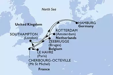 MSC PREZIOSA - útvonalterv 8 éjszaka indulás Rotterdam Netherlands kelt 08/12/2026 - Netherlands,France,United Kingdom,Germany,Belgium