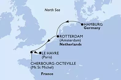 MSC PREZIOSA - útvonalterv 4 éjszaka indulás Hamburg Germany kelt 18/10/2026 - Germany,Netherlands,France