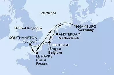 MSC PREZIOSA - útvonalterv 7 éjszaka indulás Le Havre (Paris) France kelt 29/10/2026 - France,United Kingdom,Germany,Netherlands,Belgium