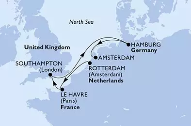 MSC PREZIOSA - útvonalterv 6 éjszaka indulás Rotterdam Netherlands kelt 28/10/2026 - Netherlands,France,United Kingdom,Germany