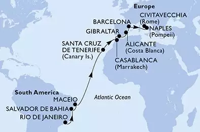 MSC DIVINA - útvonalterv 18 éjszaka indulás Rio de Janeiro Brazil kelt 15/03/2027 - Rio de Janeiro,Salvador,Maceio,Santa Cruz de Tenerife,Casablanca,Gibraltar,Alicante,Barcelona,Naples,Civitavecchia