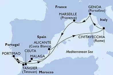 MSC SINFONIA - útvonalterv 10 éjszaka indulás Génova (Portofino) Italia kelt 18/05/2027 - Italy,France,Spain,Morocco,Portugal