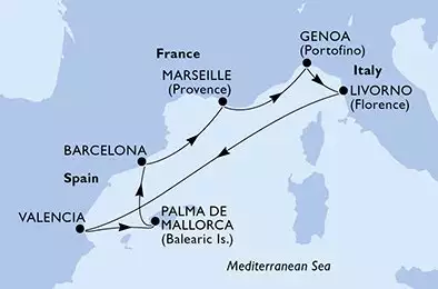 MSC SINFONIA - útvonalterv 7 éjszaka indulás Genua (Portofino) Italien kelt 17/11/2026 - Italy,Spain,France